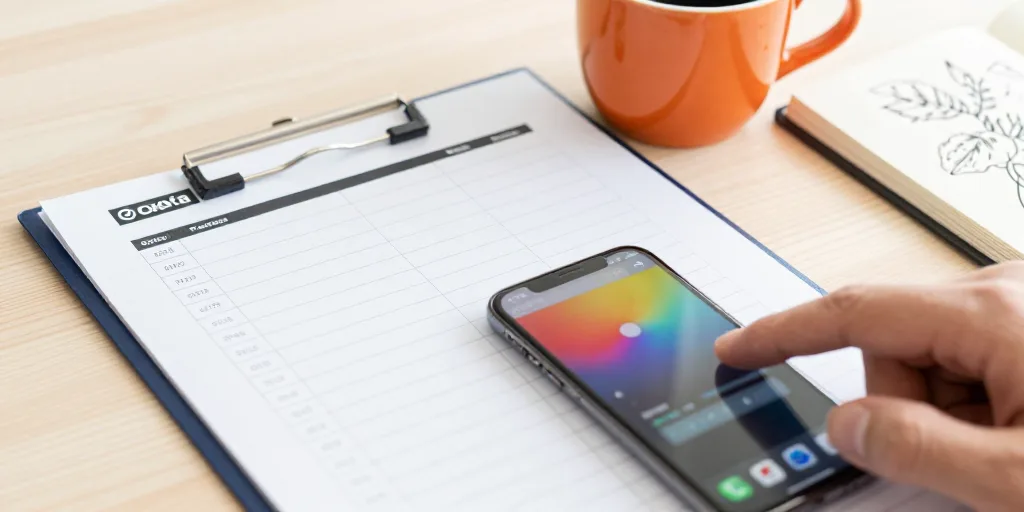 מסך טלפון עם ממשק עריכת תמונה זוהר מטושטש, יד גוררת אצבע על המסך ליד כוס קפה על שולחן