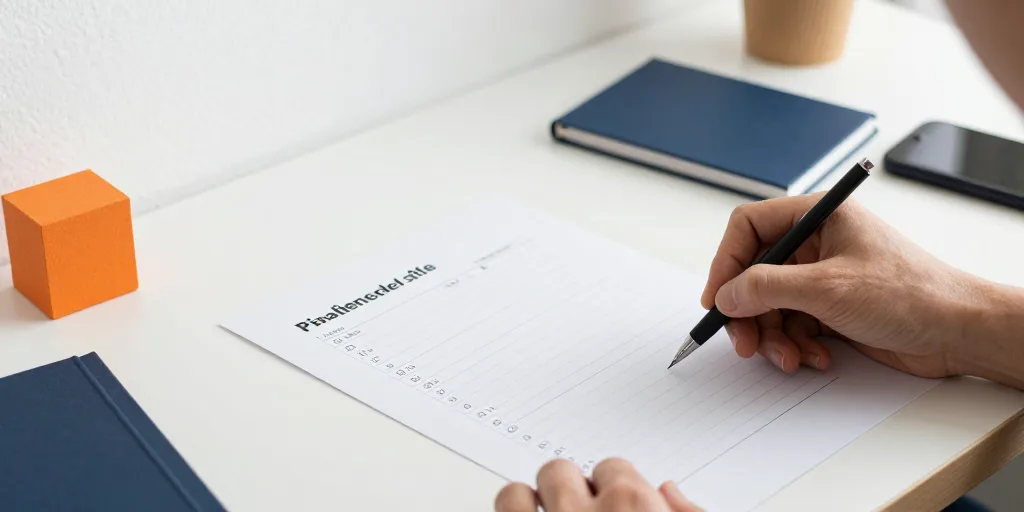 יד מחזיקה עט ליד דף מודפס עם תסריט שיחה על שולחן עבודה
